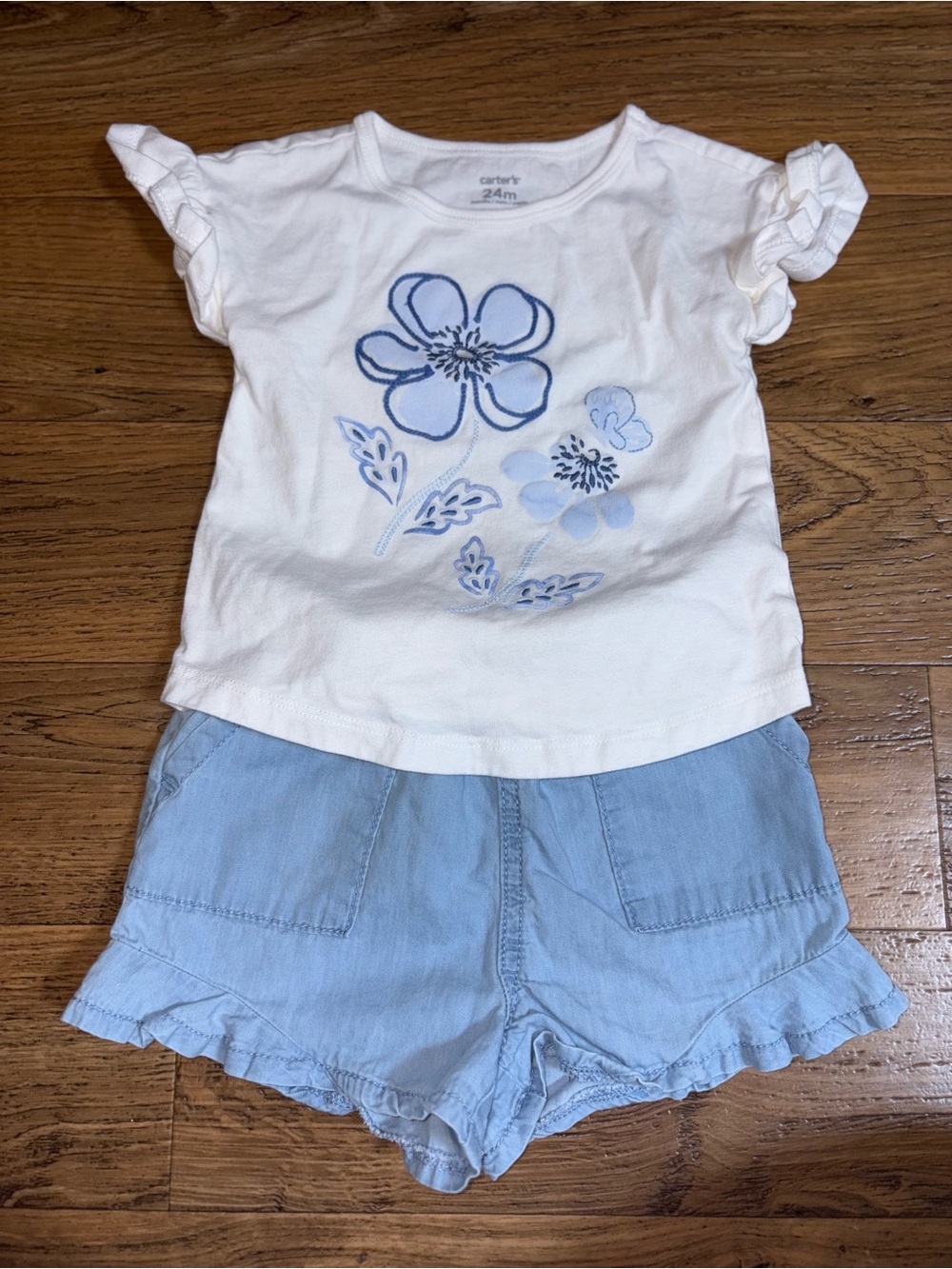 Carter's White Tee with Blue Floral Embroidery and Gap Light Blue Ruffle Shorts
